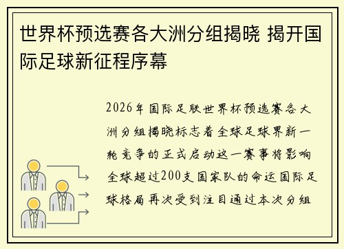世界杯预选赛各大洲分组揭晓 揭开国际足球新征程序幕
