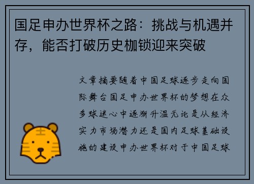 国足申办世界杯之路：挑战与机遇并存，能否打破历史枷锁迎来突破